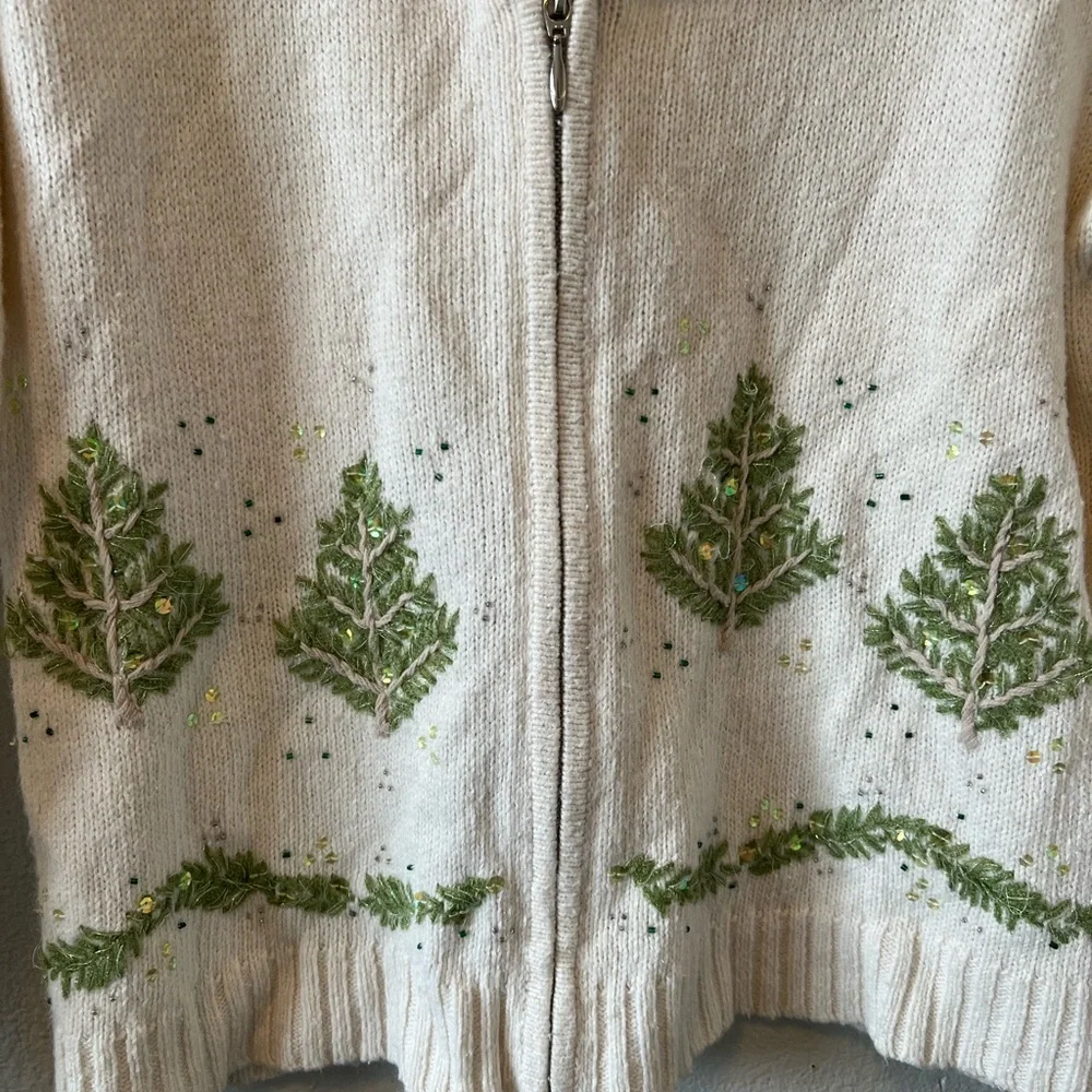 Vintage Northcrest Shawl Collar Embroidered Beaded Trees Zip Up Sweater Grandma - Picture 3 of 6